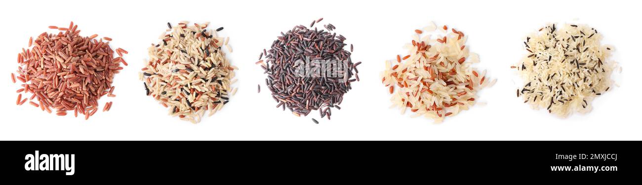 Set with different types of rice on white background, top view. Banner ...