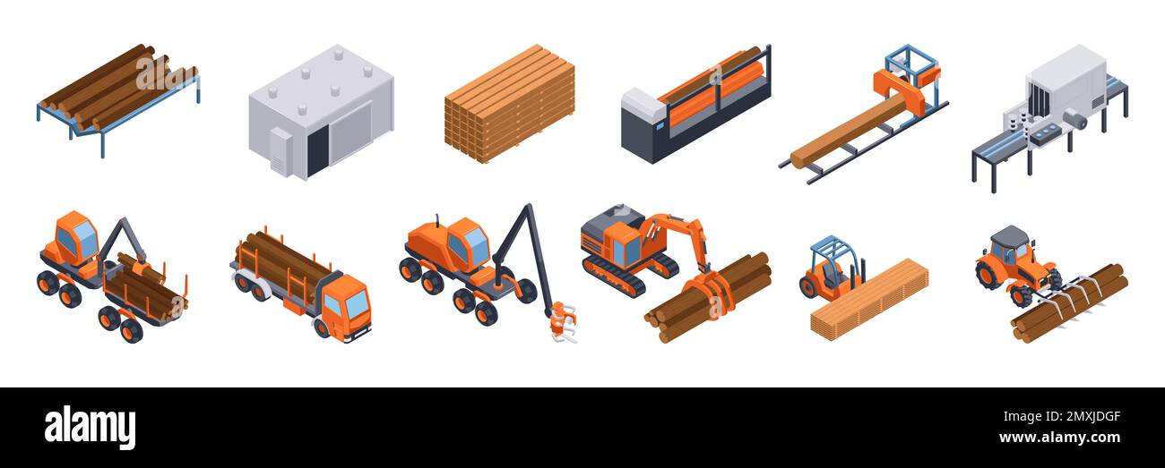 Isometric sawmill industry and labmerjack factory equipment isolated ...
