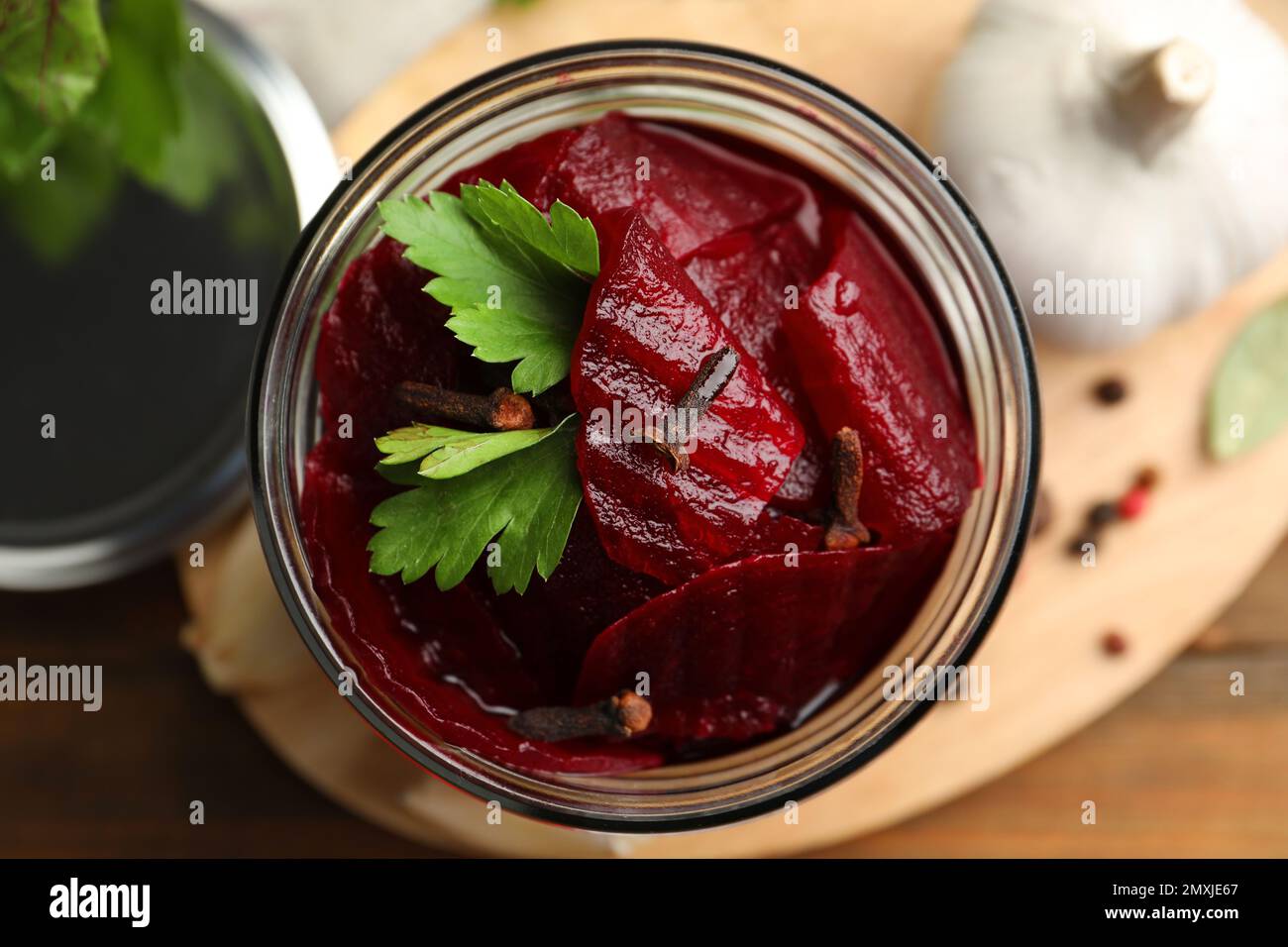Delicious pickled beets in jar, top view Stock Photo Alamy