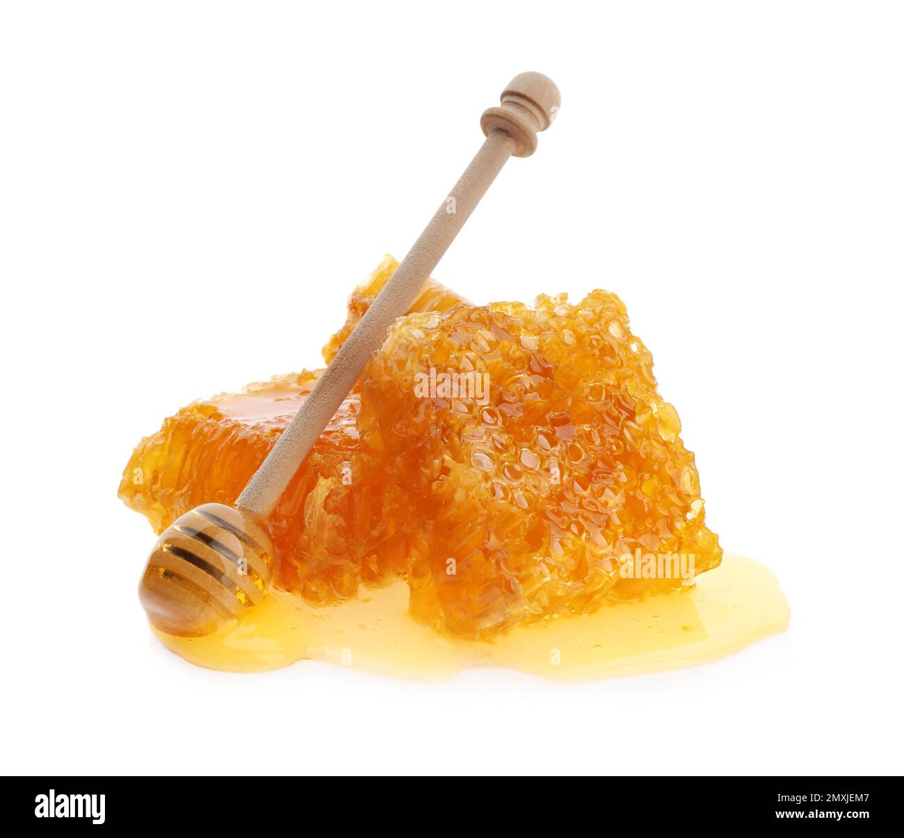 Fresh honeycombs and dipper on white background Stock Photo - Alamy