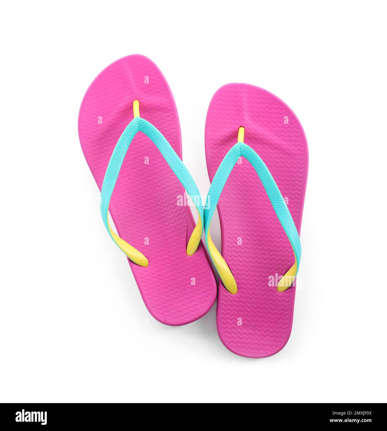 Pair of stylish pink flip flops isolated on white, top view. Beach ...