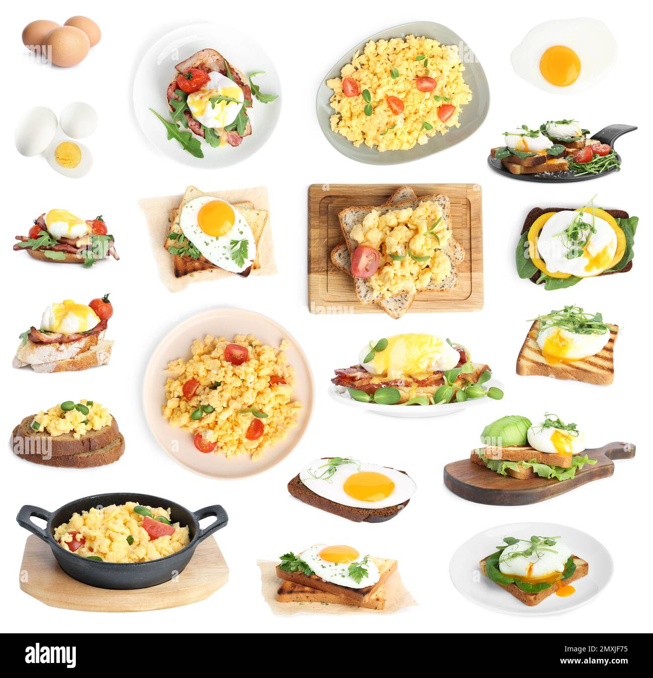 Set of different egg dishes on white background Stock Photo Alamy