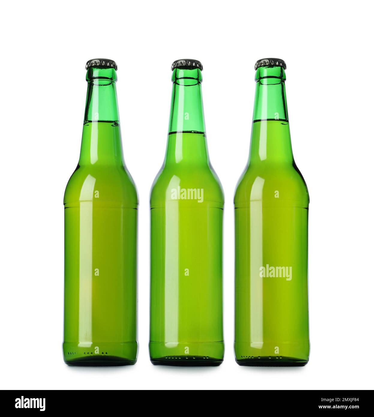 Green bottles with beer isolated on white Stock Photo Alamy
