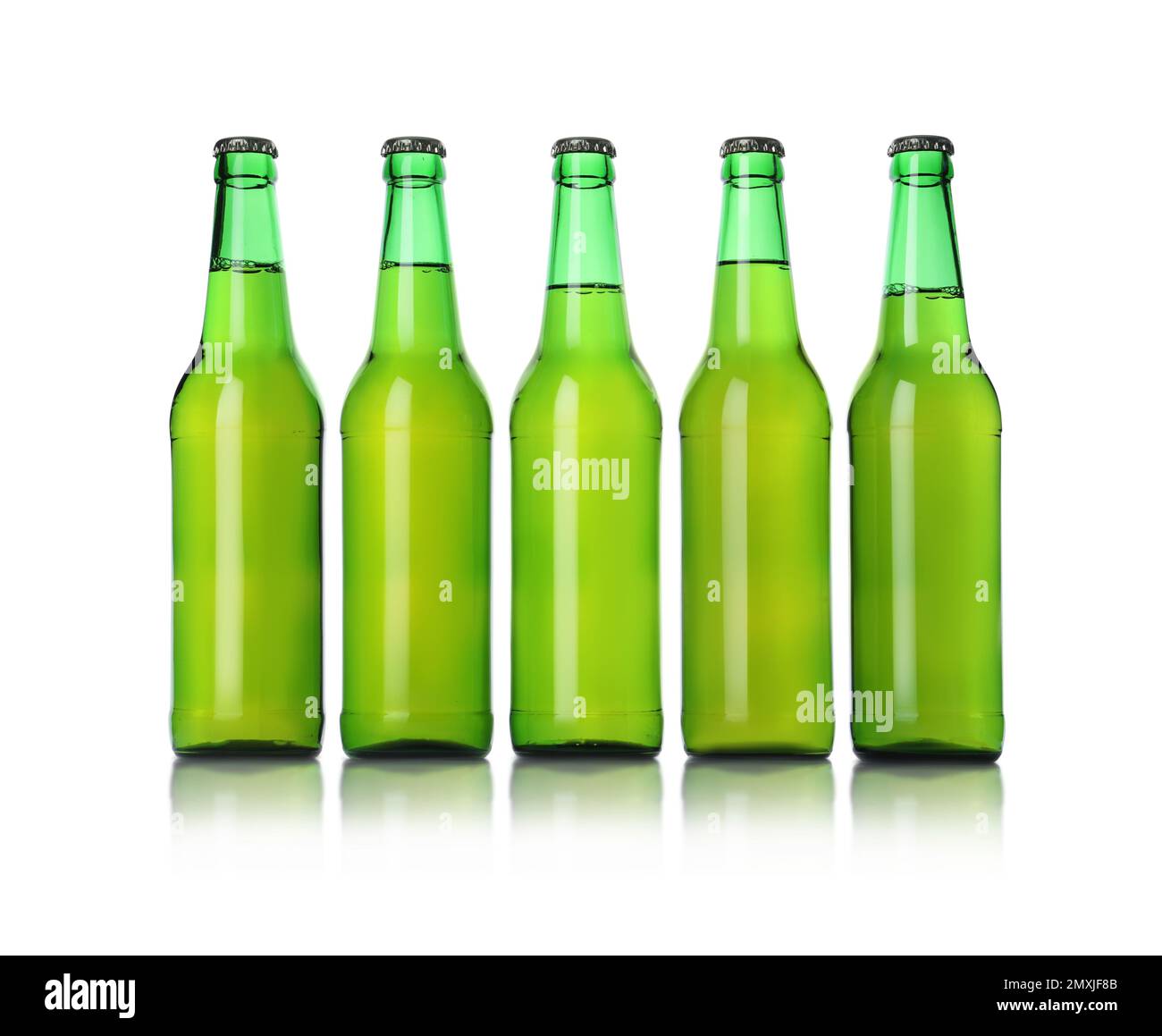 Green bottles with beer isolated on white Stock Photo Alamy