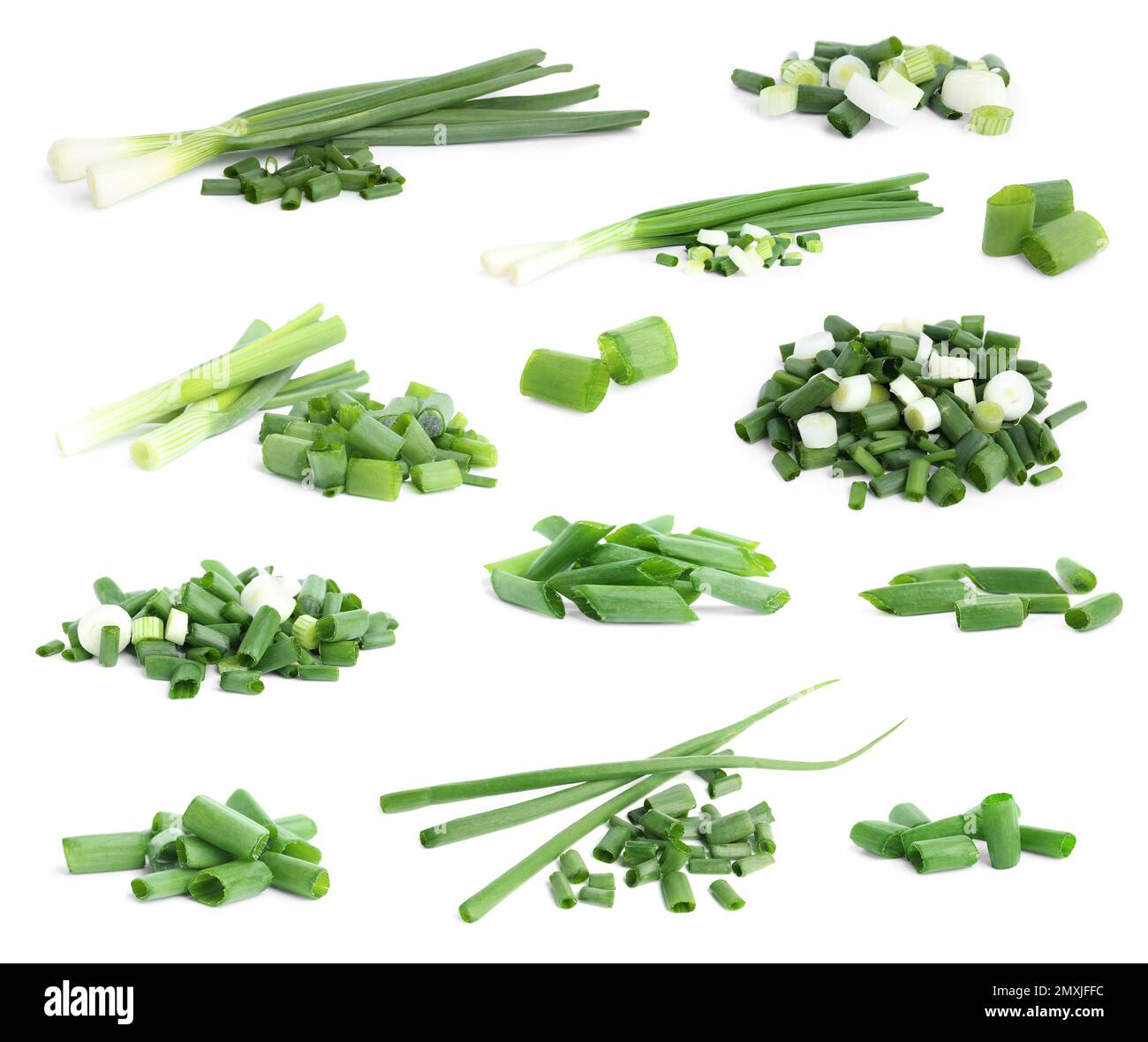 Set of cut green onions on white background Stock Photo - Alamy