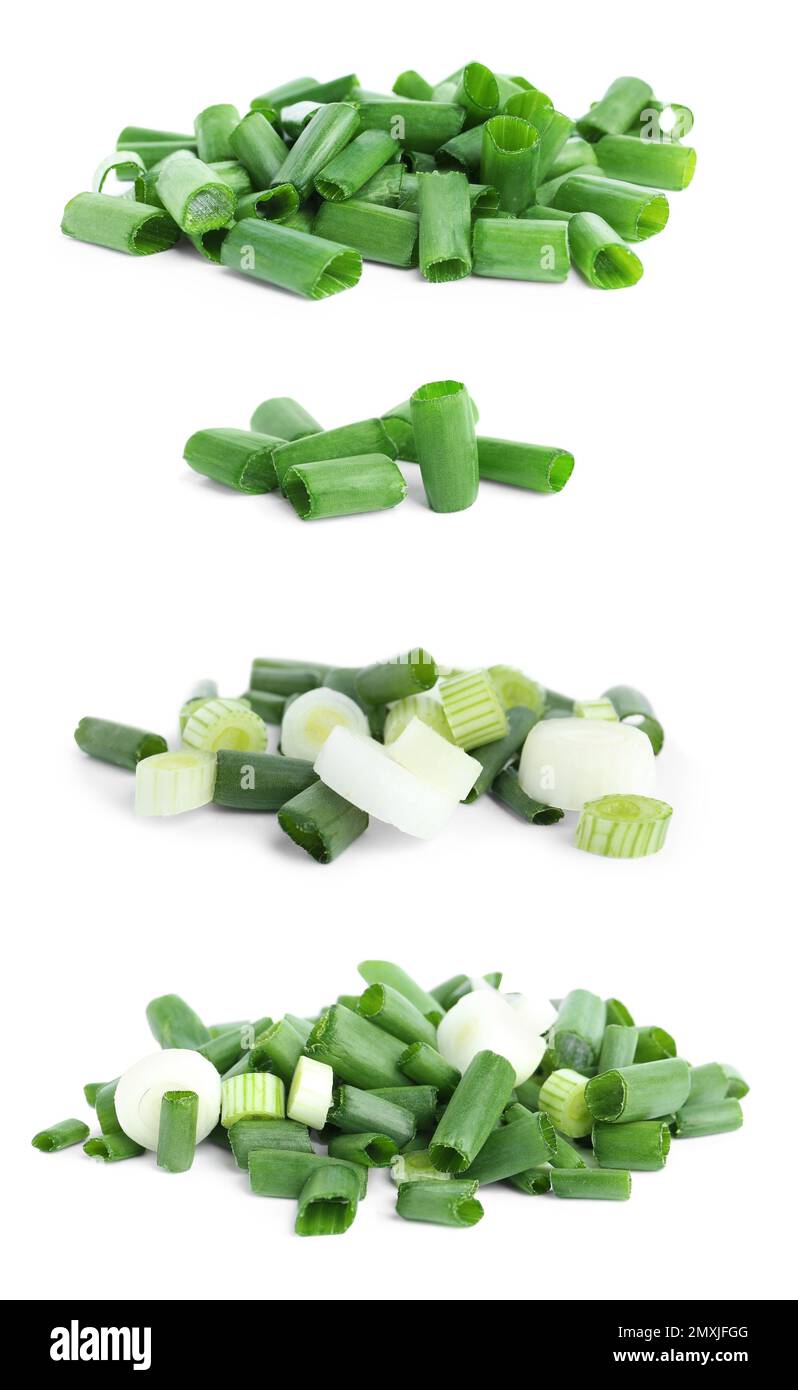Set of cut green onions on white background Stock Photo - Alamy