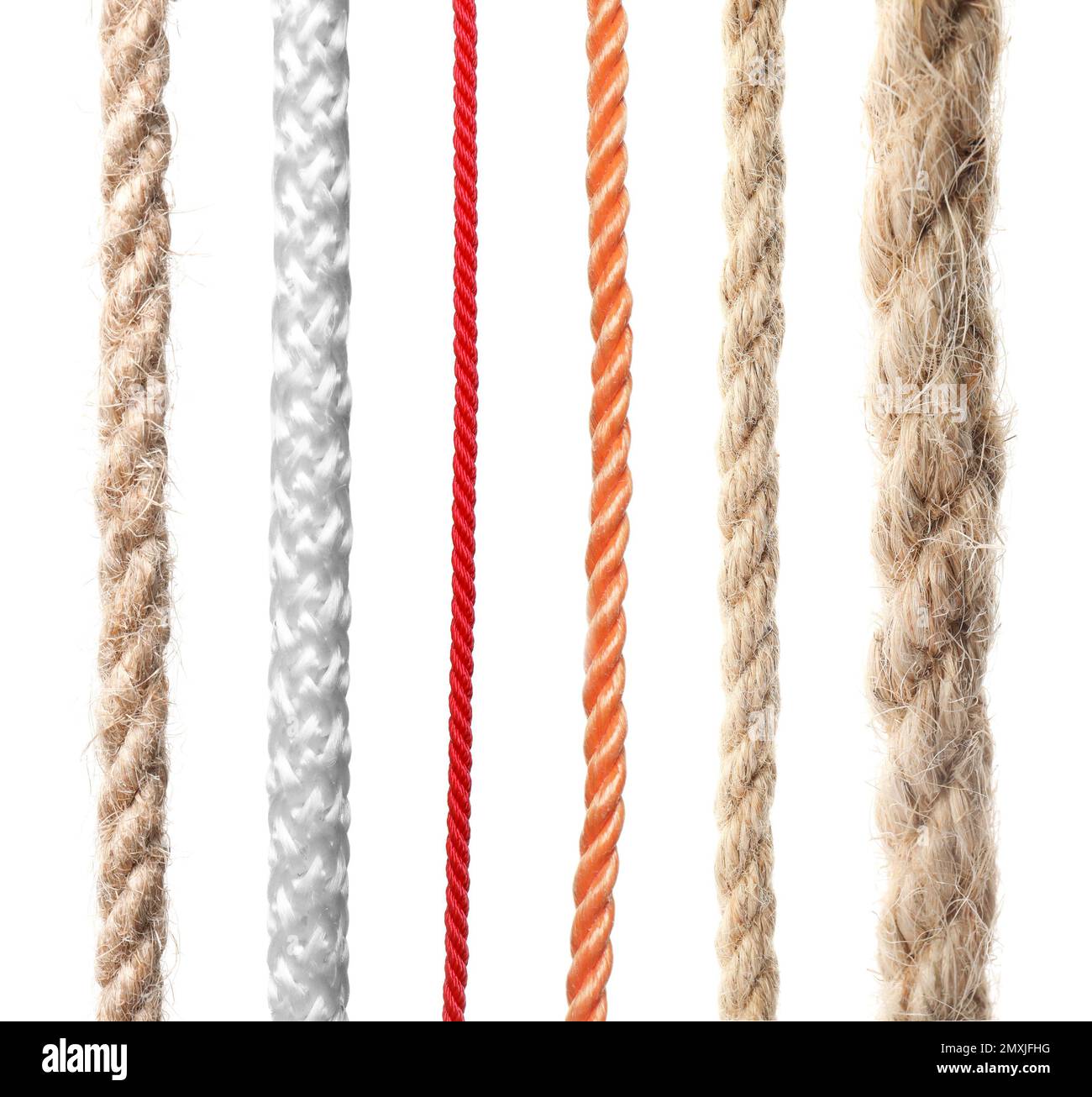 Set of different ropes on white background Stock Photo Alamy