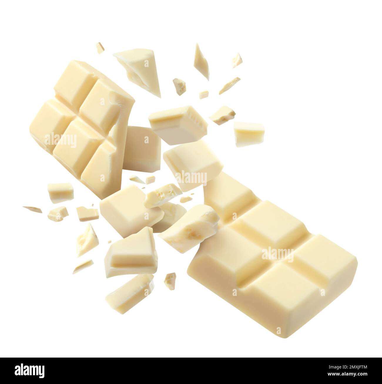Chocolate explosion, pieces shattering on white background Stock Photo ...