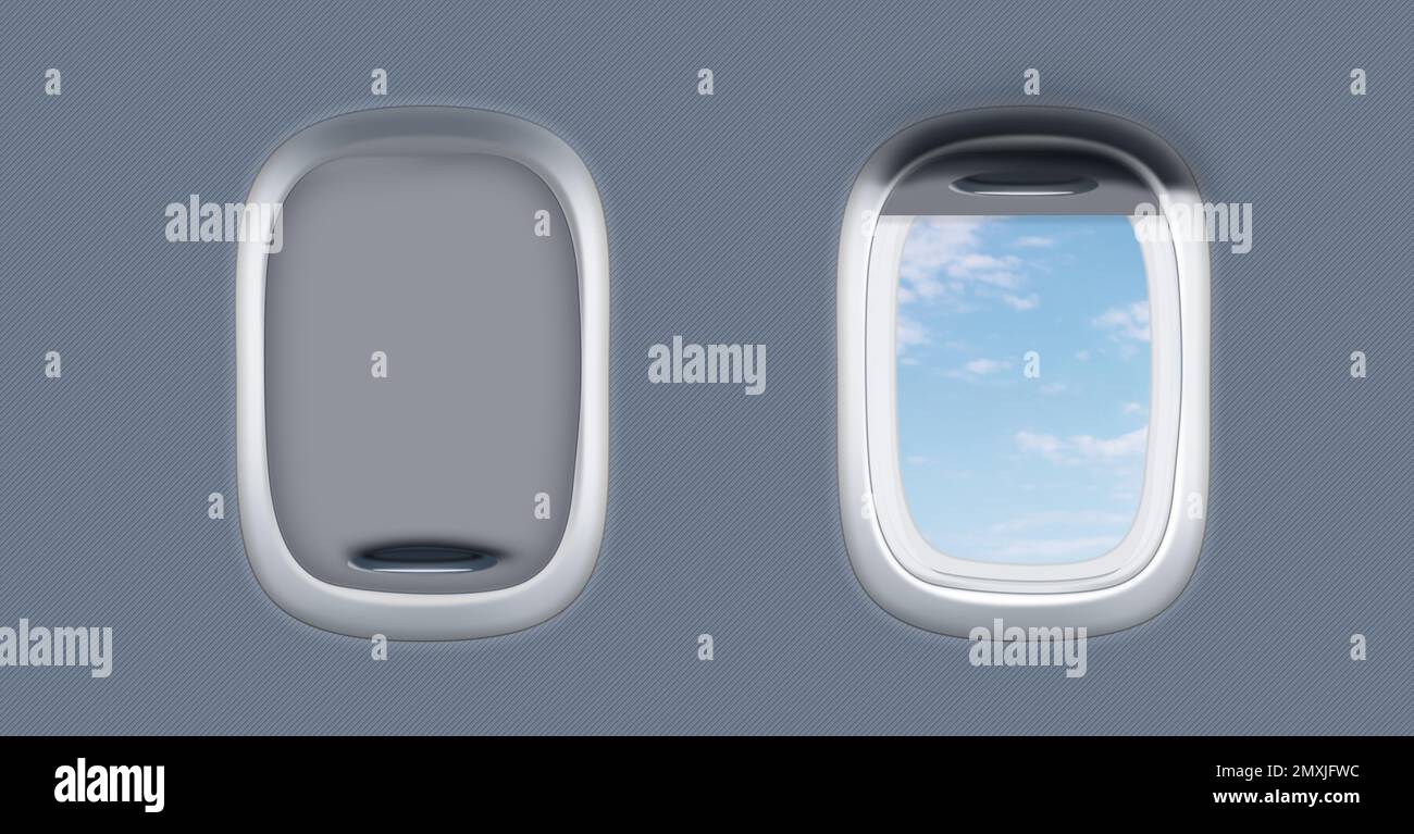 Open and closed airplane portholes, banner design Stock Photo