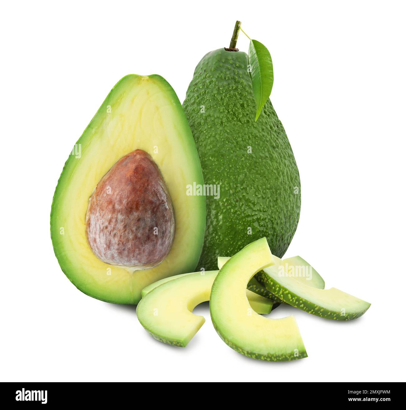 Cut and whole fresh avocados on white background Stock Photo - Alamy