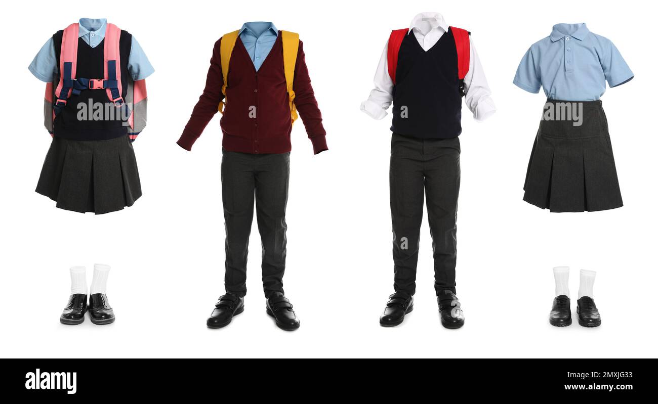 Set of school uniforms for girls and boys on white background. Banner