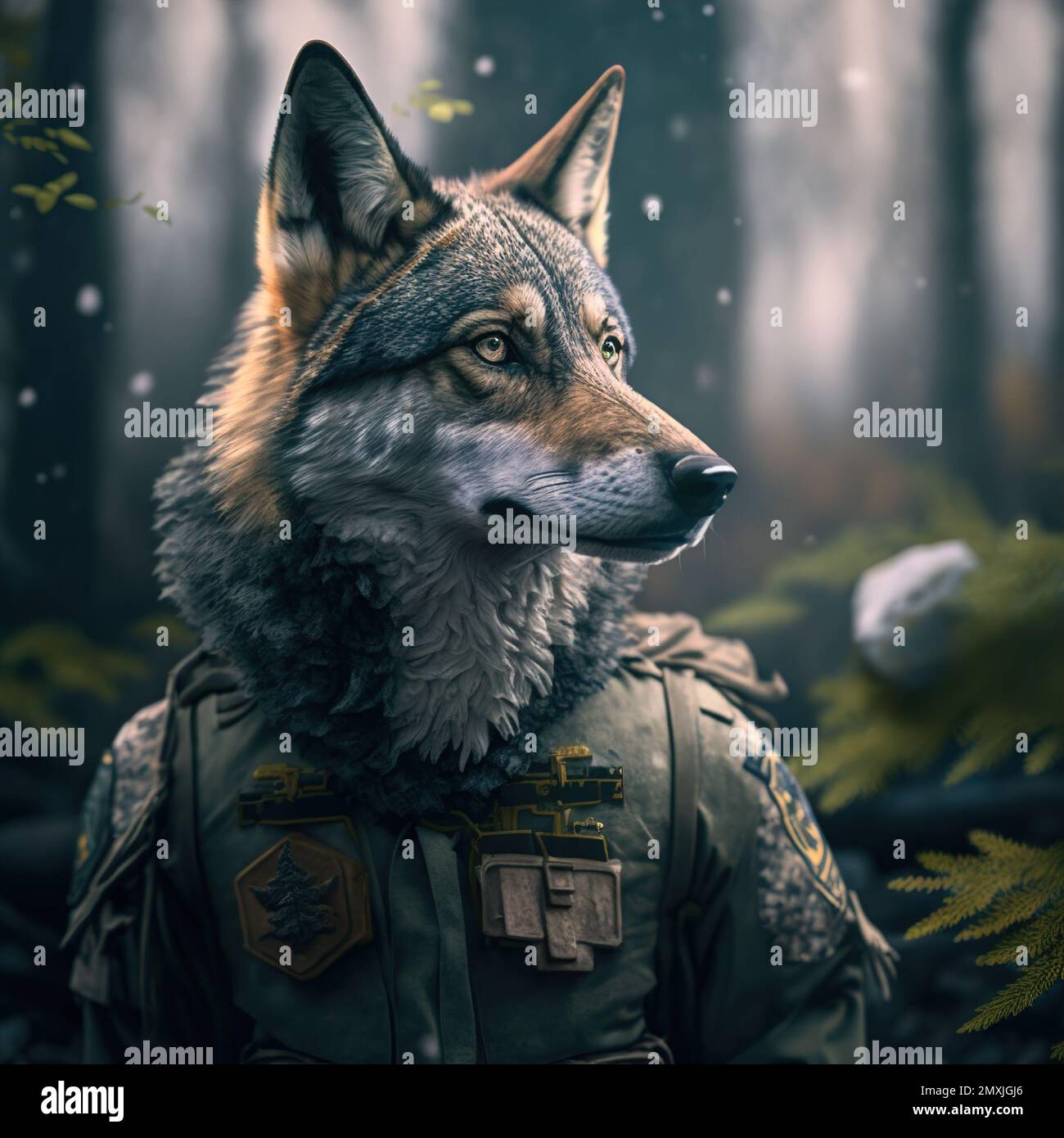Lone wolf wearing soldier uniform in the forest. Generative AI Stock