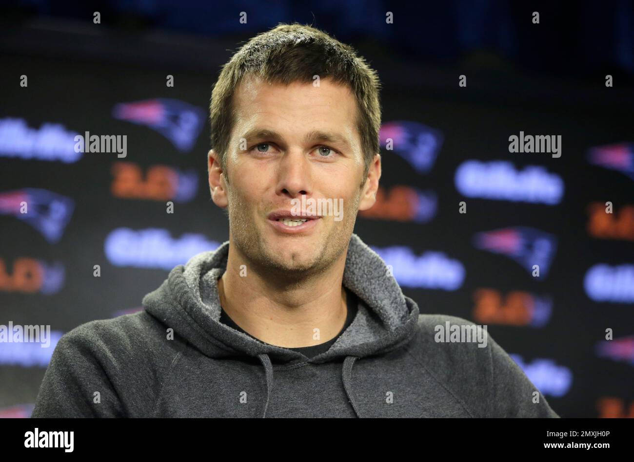 New England Patriots Quarterback Tom Brady Takes Questions From Reporters During A News