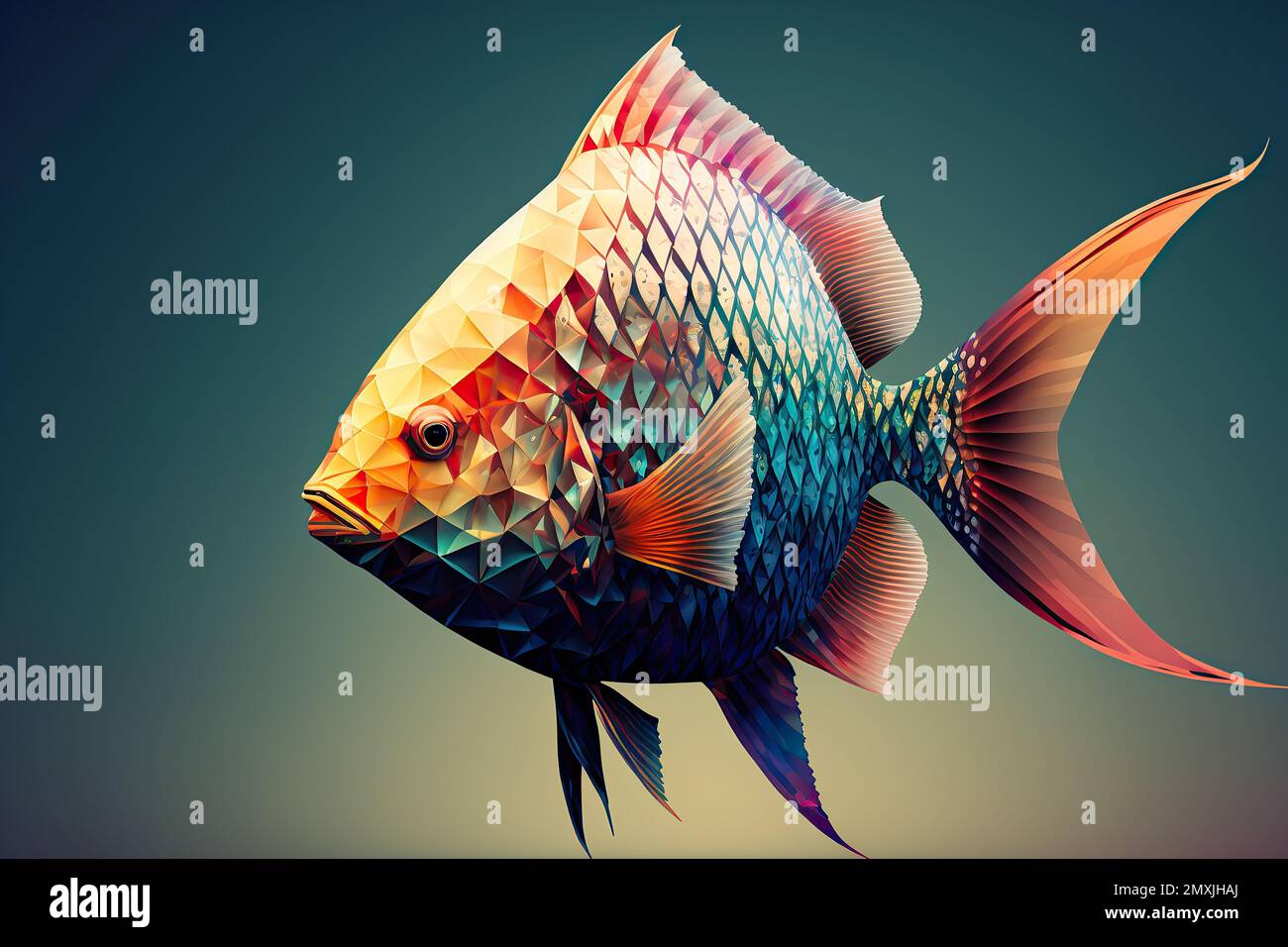 An AI generated 3D illustration of a low poly fish poster on an
