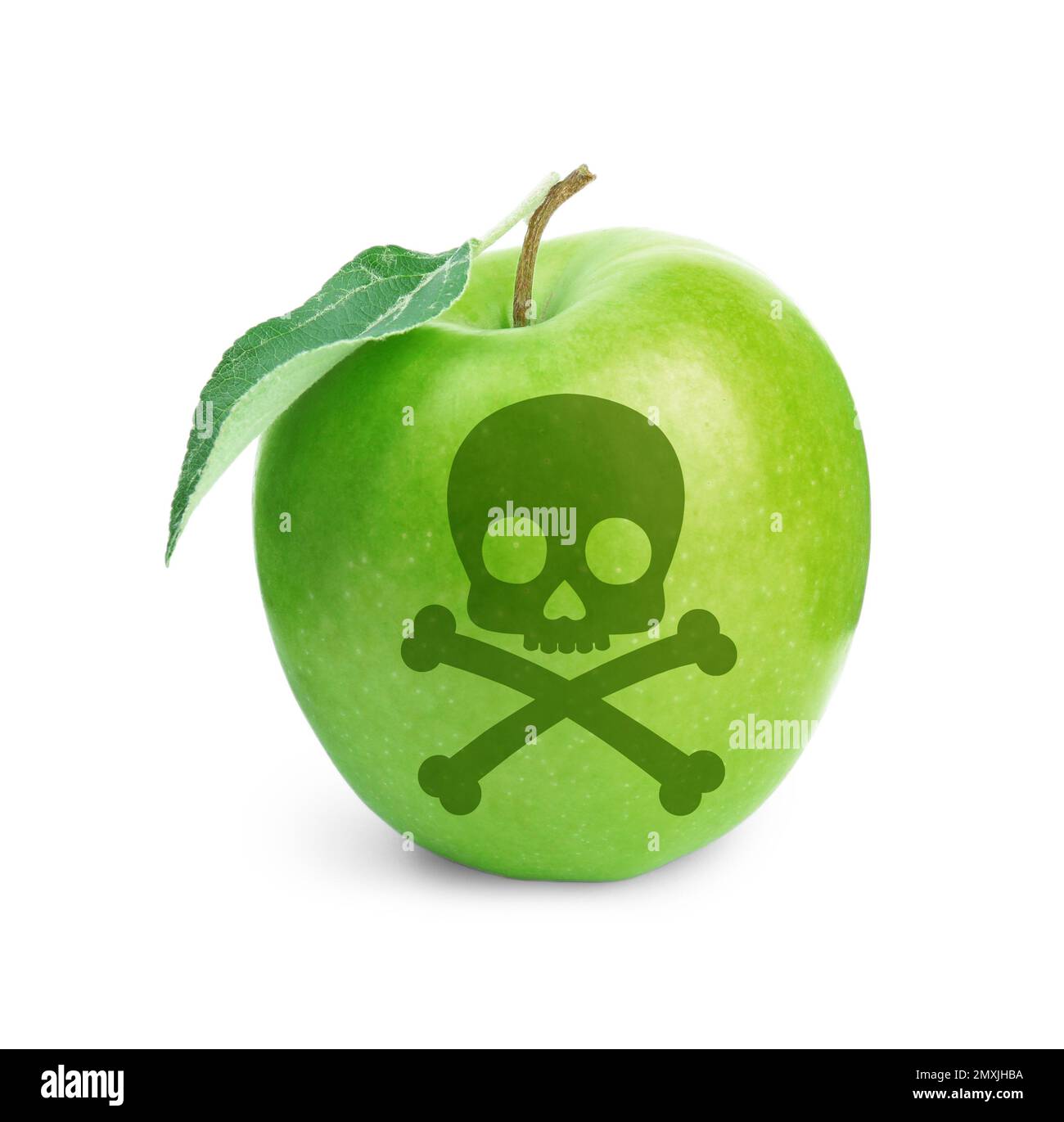 Green poison apple with skull and crossbones image on white background Stock Photo