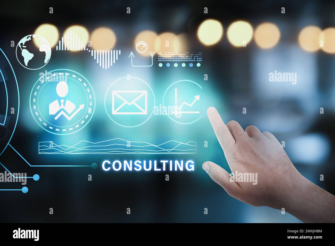 Consulting concept. Businessman pointing on blurred background, closeup Stock Photo