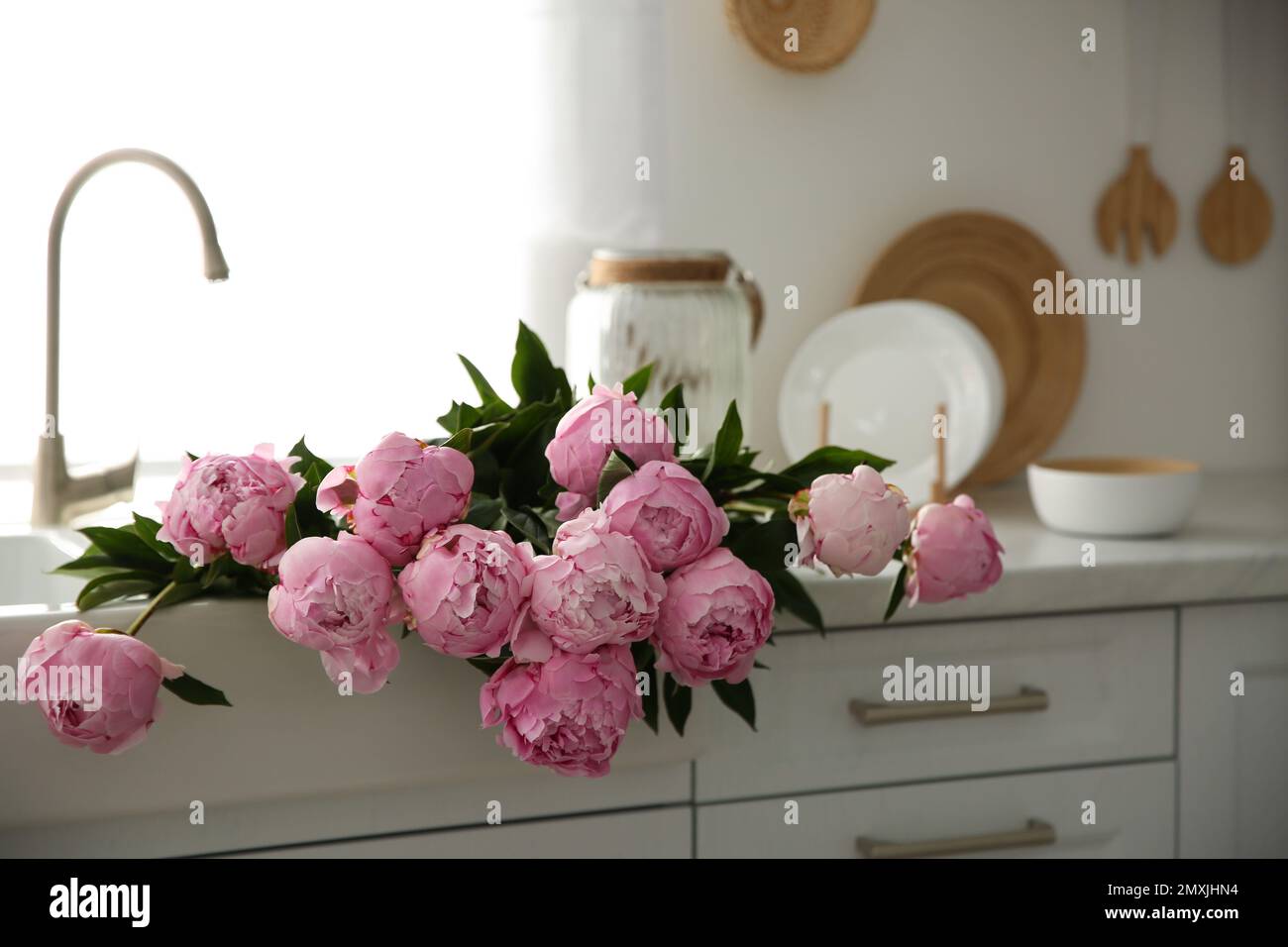 Bouquet of beautiful pink peonies in kitchen sink Stock Photo - Alamy
