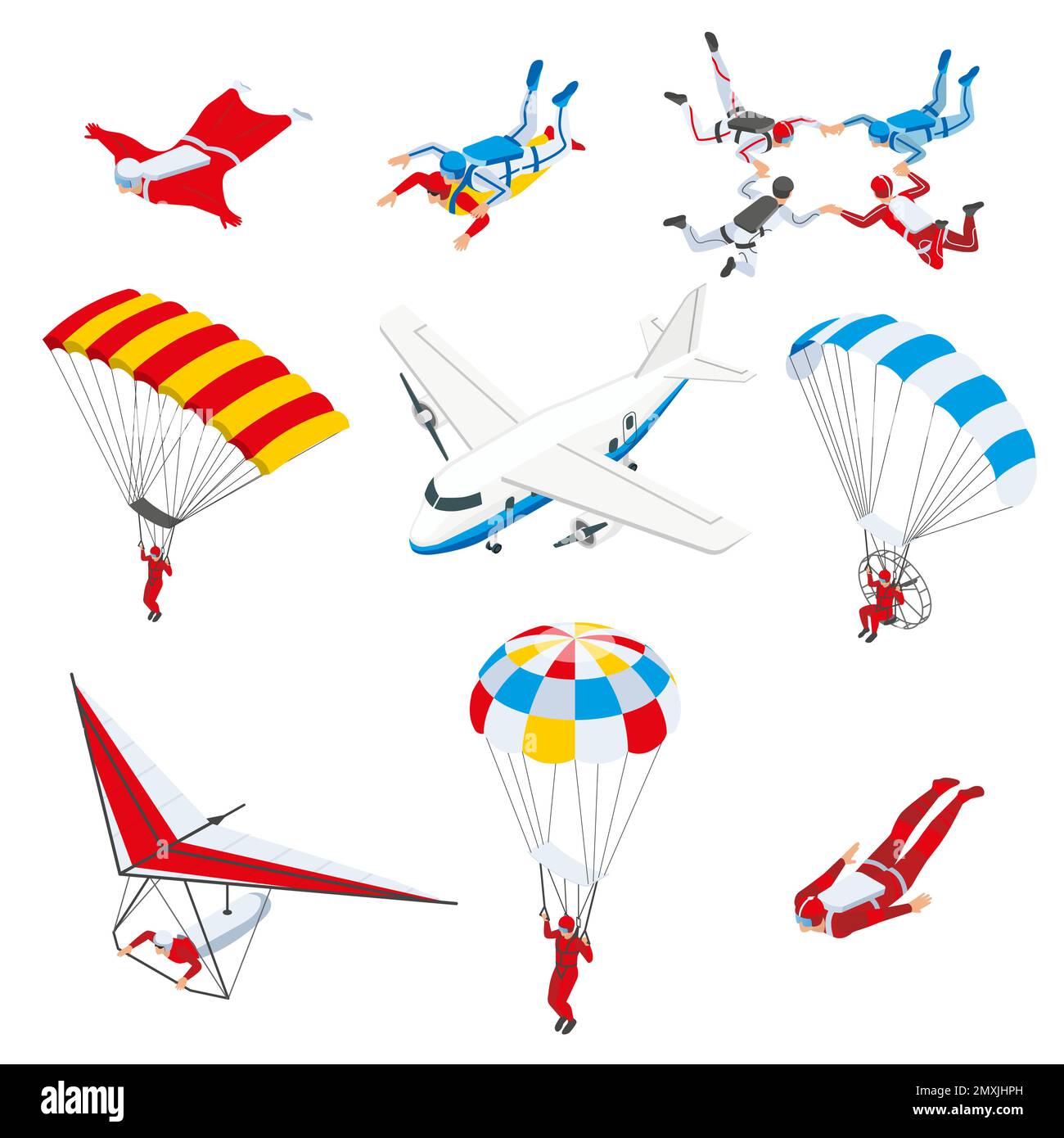 Extreme sports isometric set of sportsmen flying in sky space by paraglider parachute hang glider isolated vector illustration Stock Vector