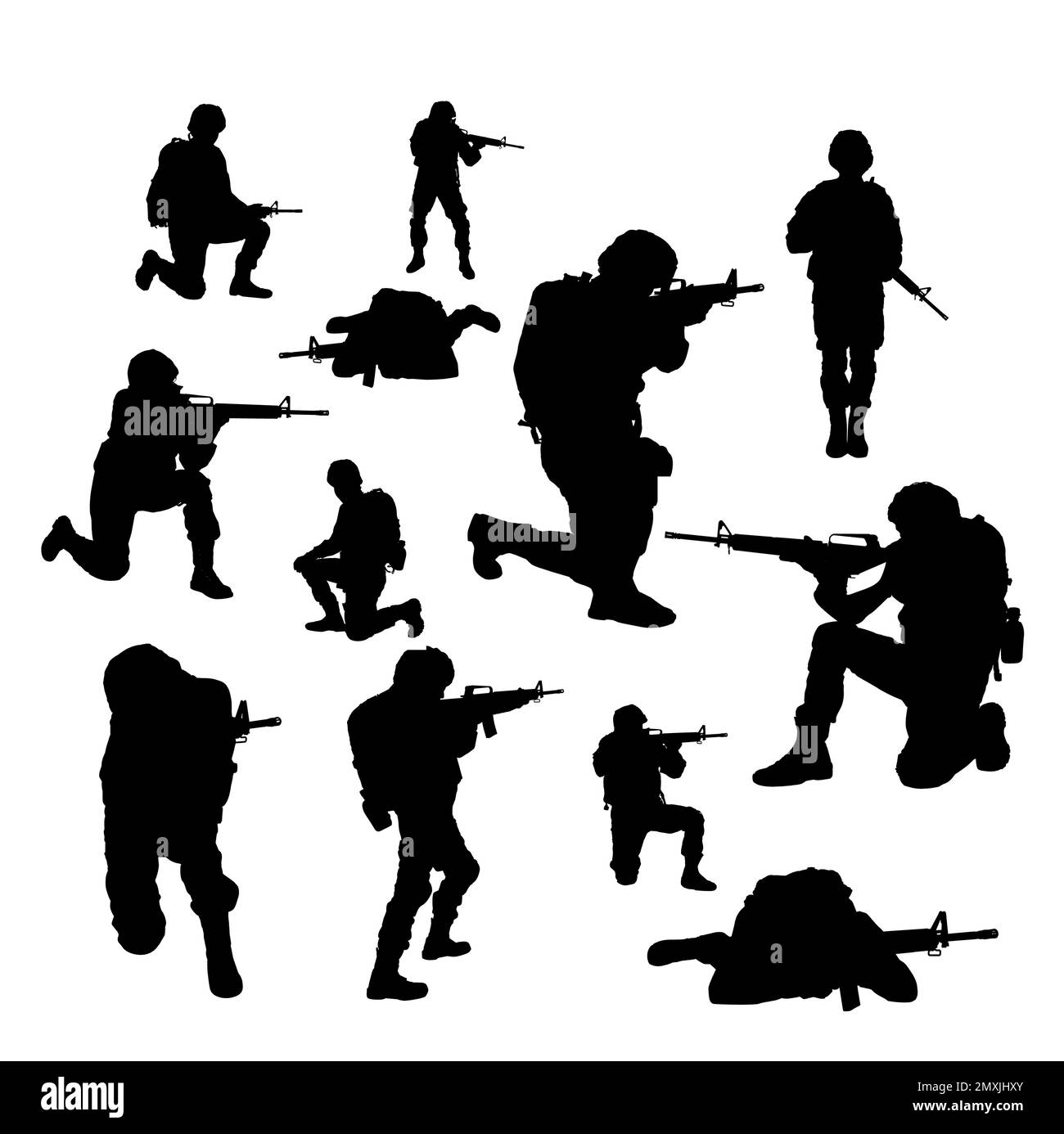 Collage with silhouettes of soldiers on white background. Military ...