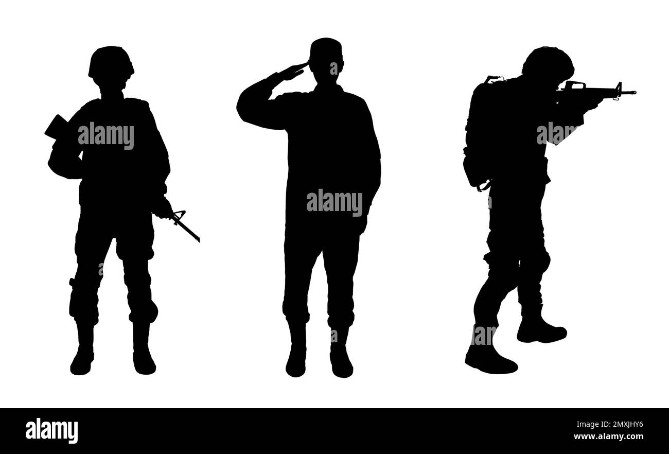 Collage with silhouettes of soldiers on white background. Military ...