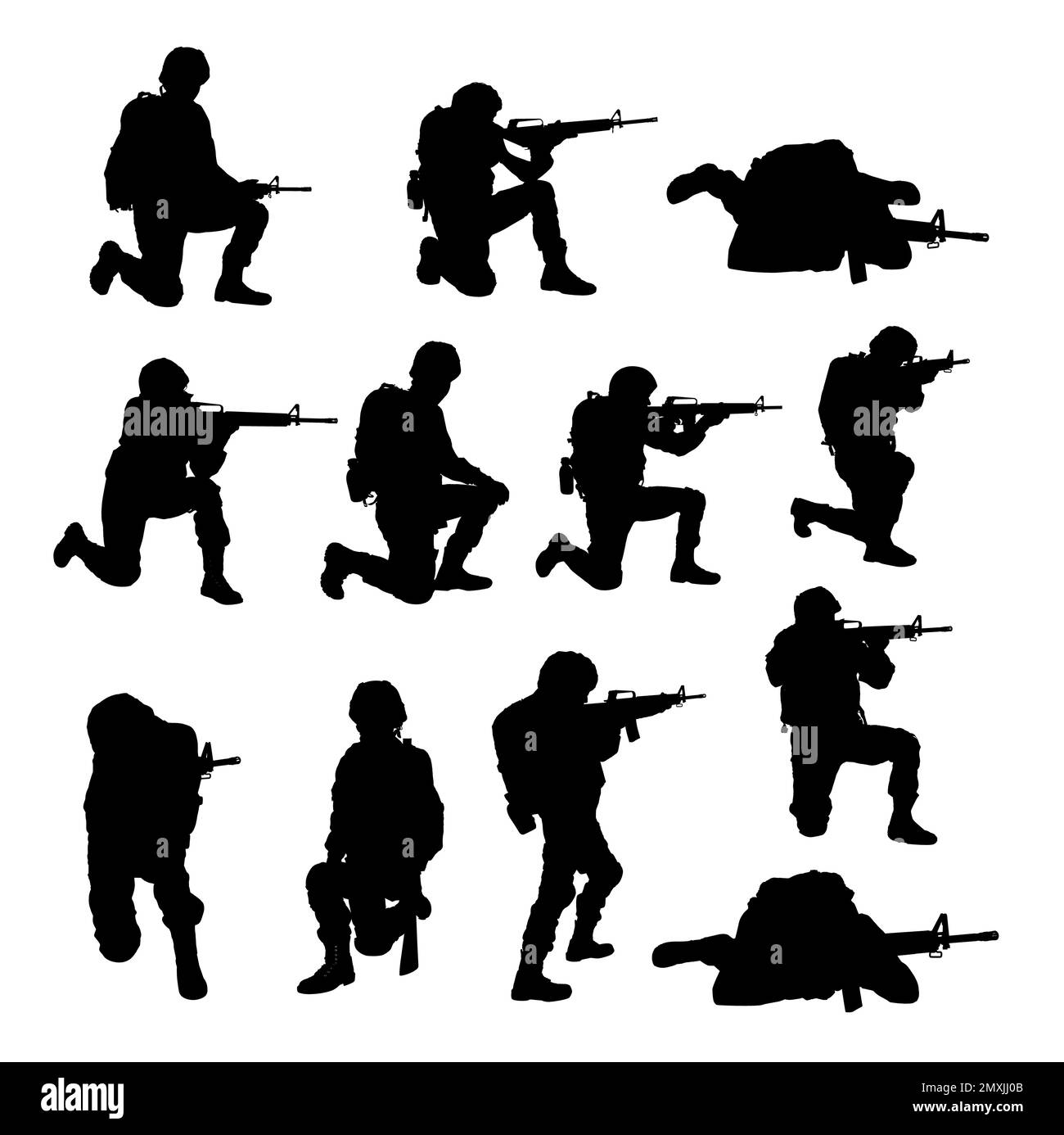 Collage with silhouettes of soldiers on white background. Military ...