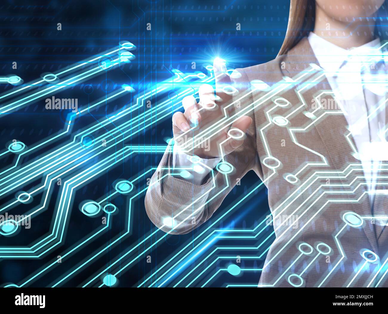 Double exposure of businesswoman touching circuit board illustration, closeup Stock Photo