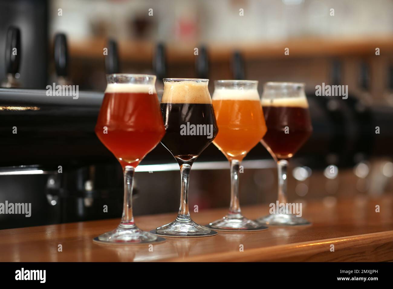 Different beers in glasses on bar counter Stock Photo Alamy