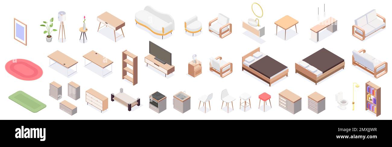 Isolated isometric furniture icon set with wooden armchair table ...