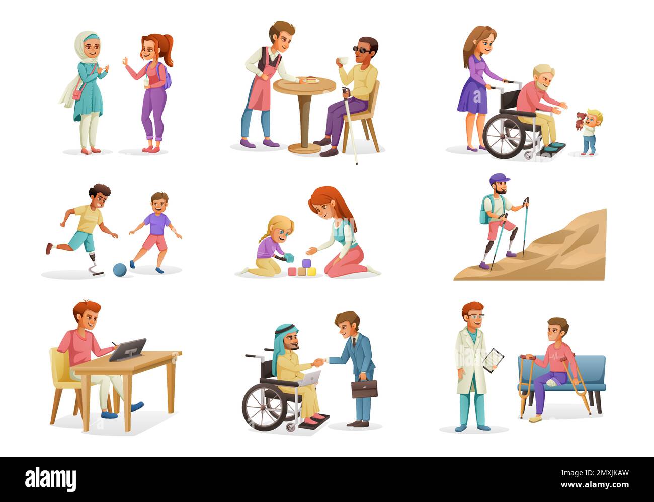 Cartoon set of disabled blind deaf and dumb people with prostheses in