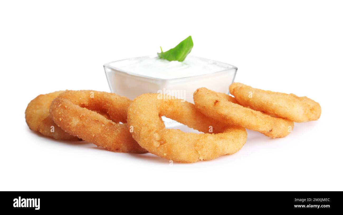 delicious onion rings and sauce isolated on white 2MXJMEC