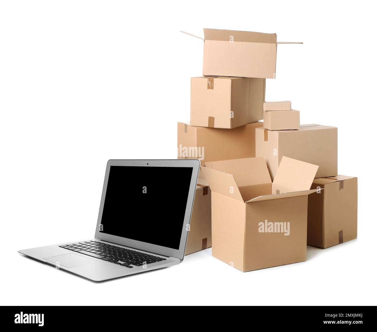 Online selling. Laptop and parcels on white background Stock Photo
