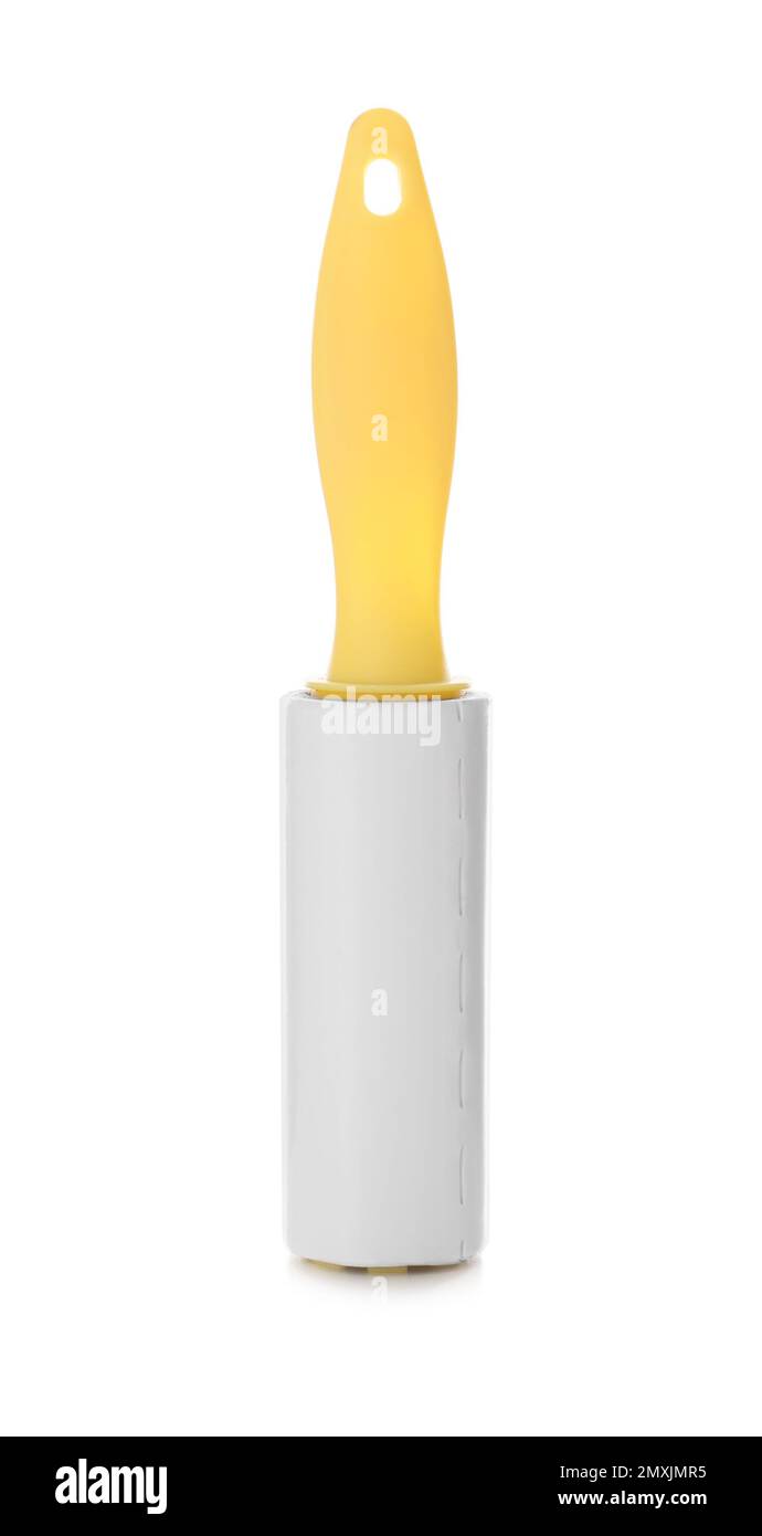 New lint roller with yellow handle isolated on white Stock Photo