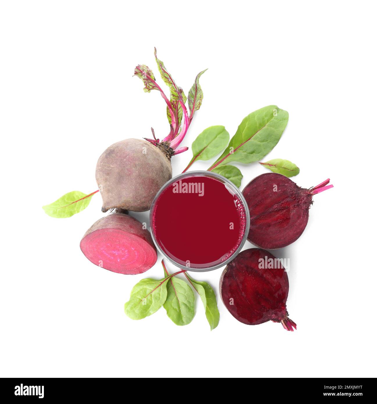Freshly made beet juice on white background, top view Stock Photo