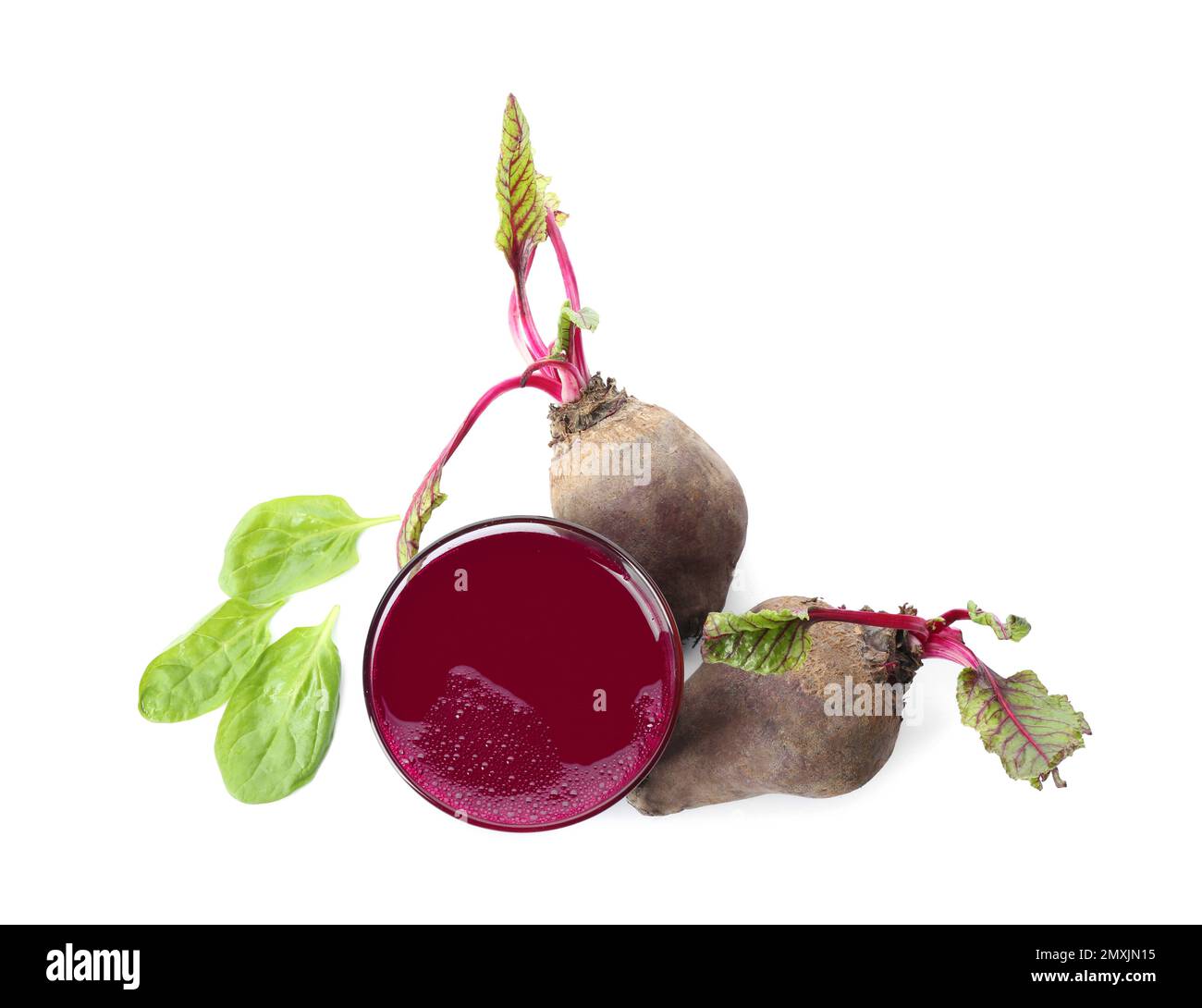 Freshly made beet juice on white background, top view Stock Photo