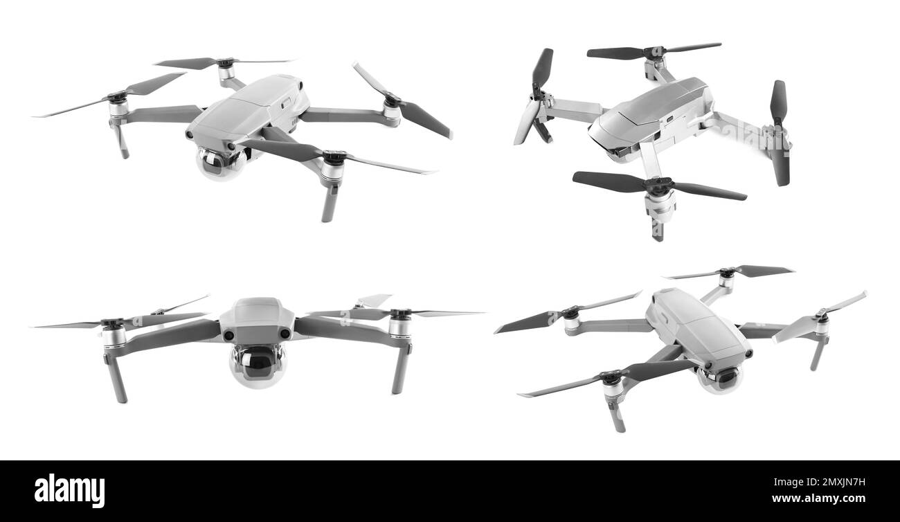 Set of different drones on white background Stock Photo