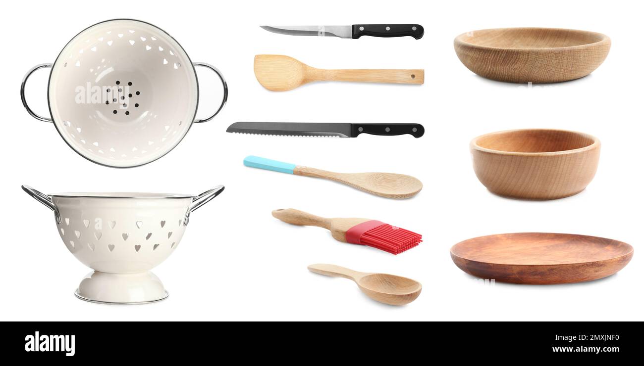 Set with different cooking utensils on white background, banner design