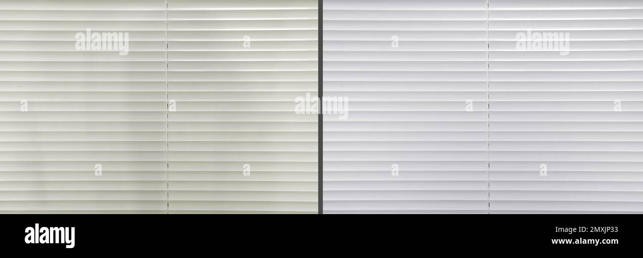 Window blinds before and after cleaning, closeup. Banner design Stock