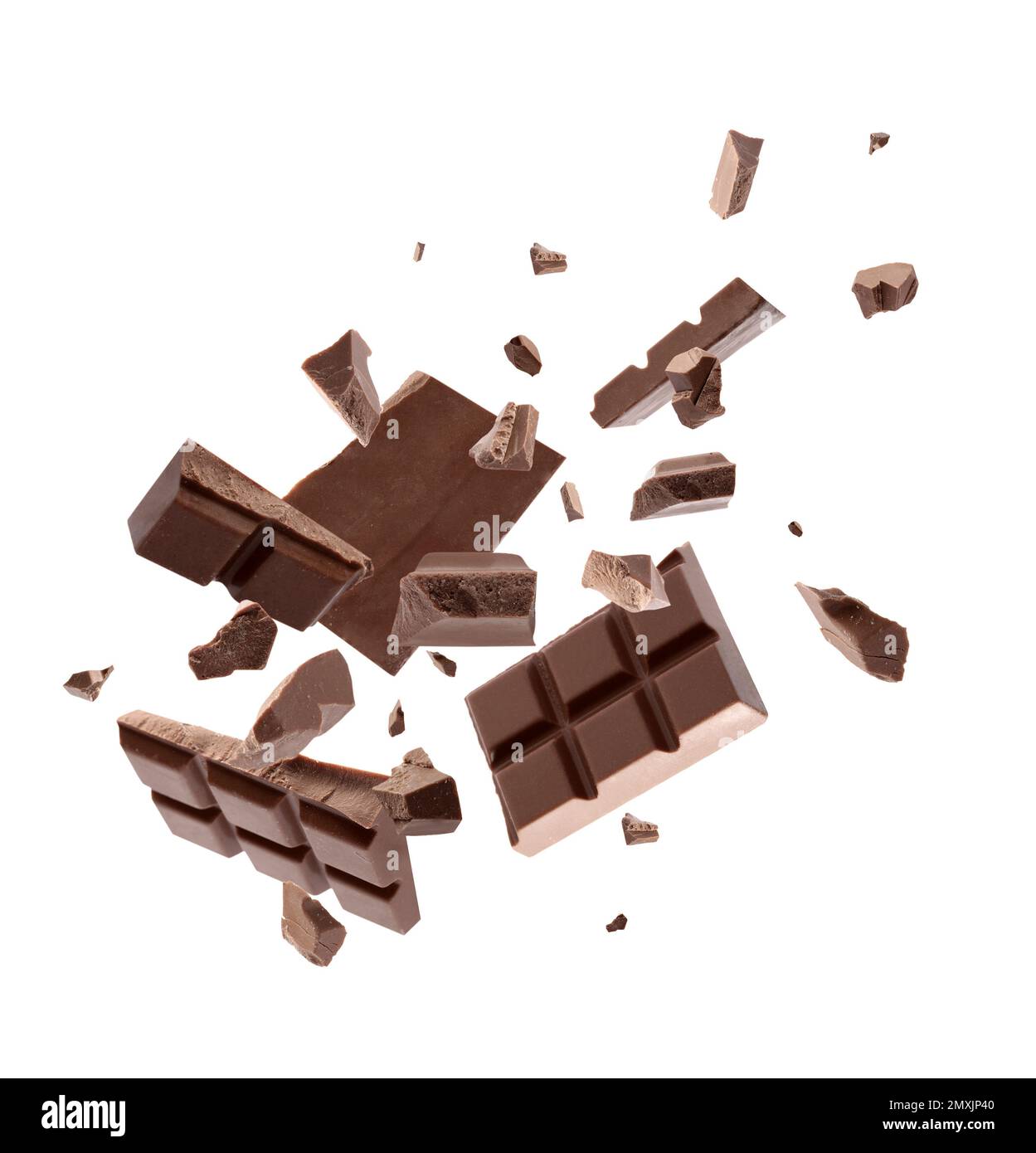 Milk chocolate pieces falling on white background Stock Photo Alamy