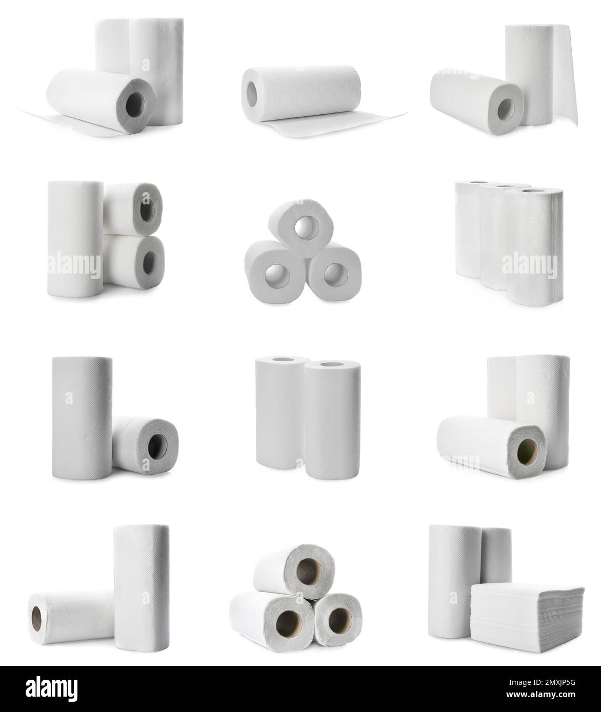 Set with rolls of paper tissues isolated on white Stock Photo