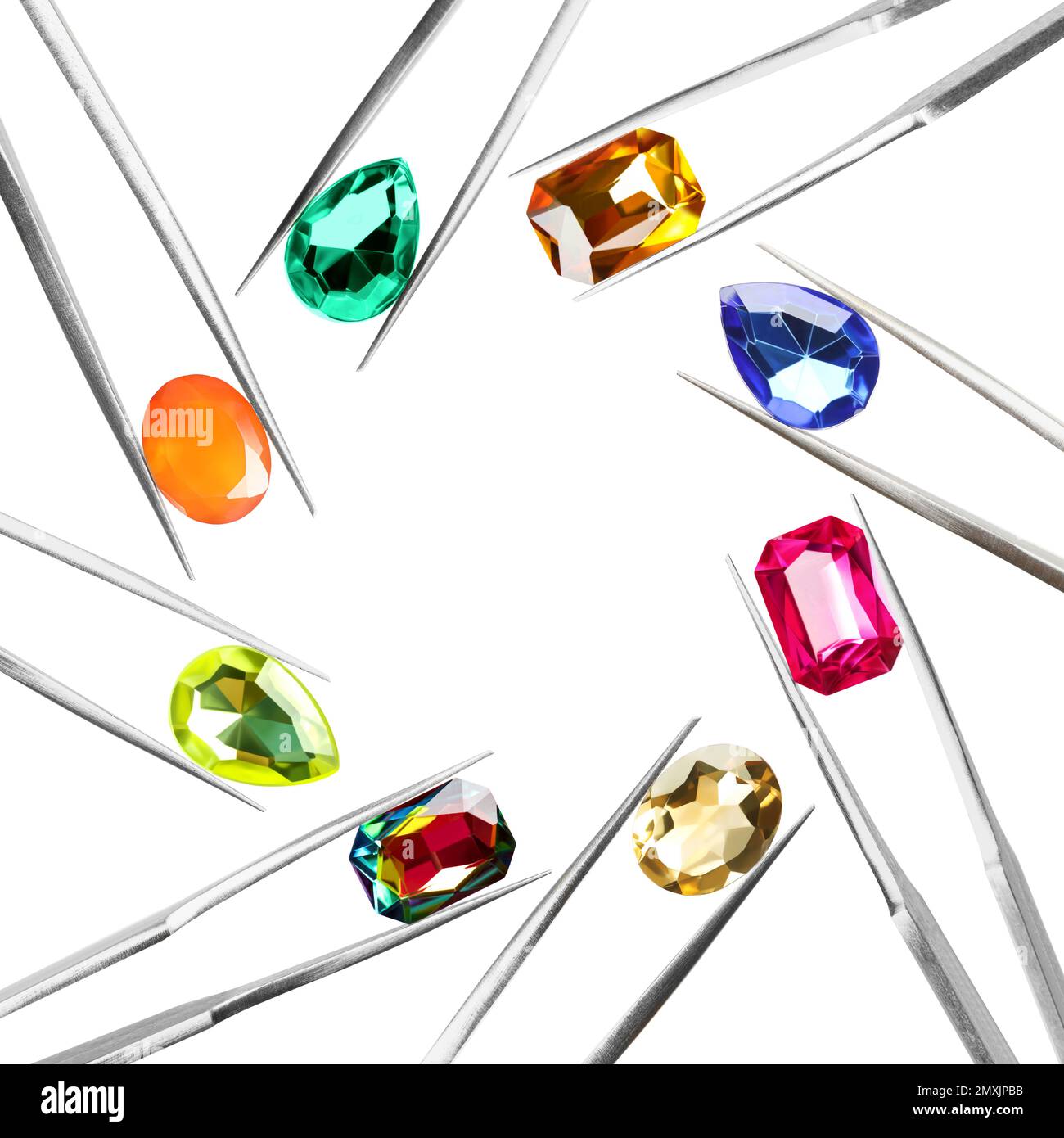 Frame of tweezers with different shiny gemstones on white background Stock Photo Alamy