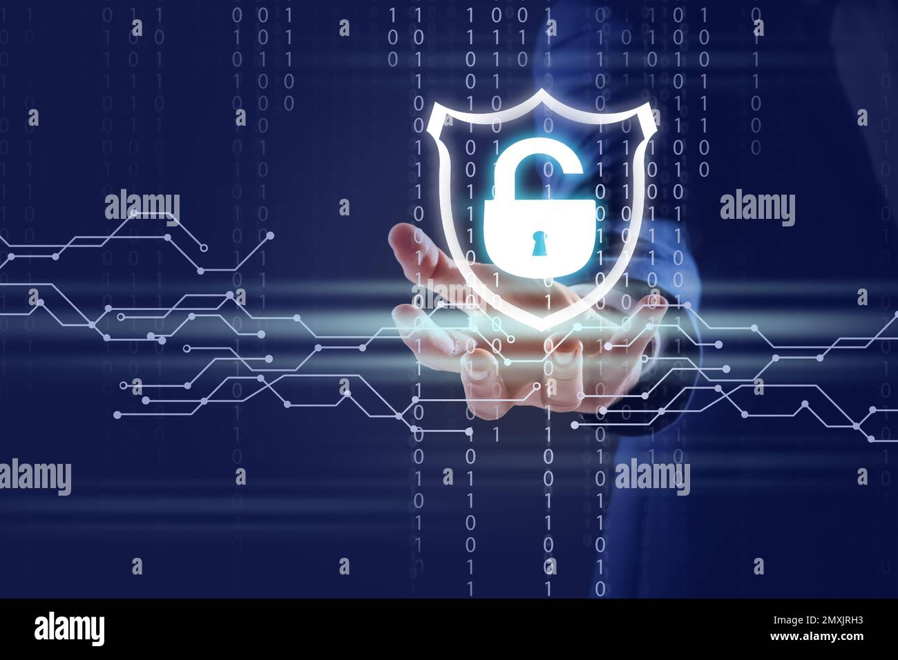 Cyber security concept. Man demonstrating padlock illustration, closeup Stock Photo