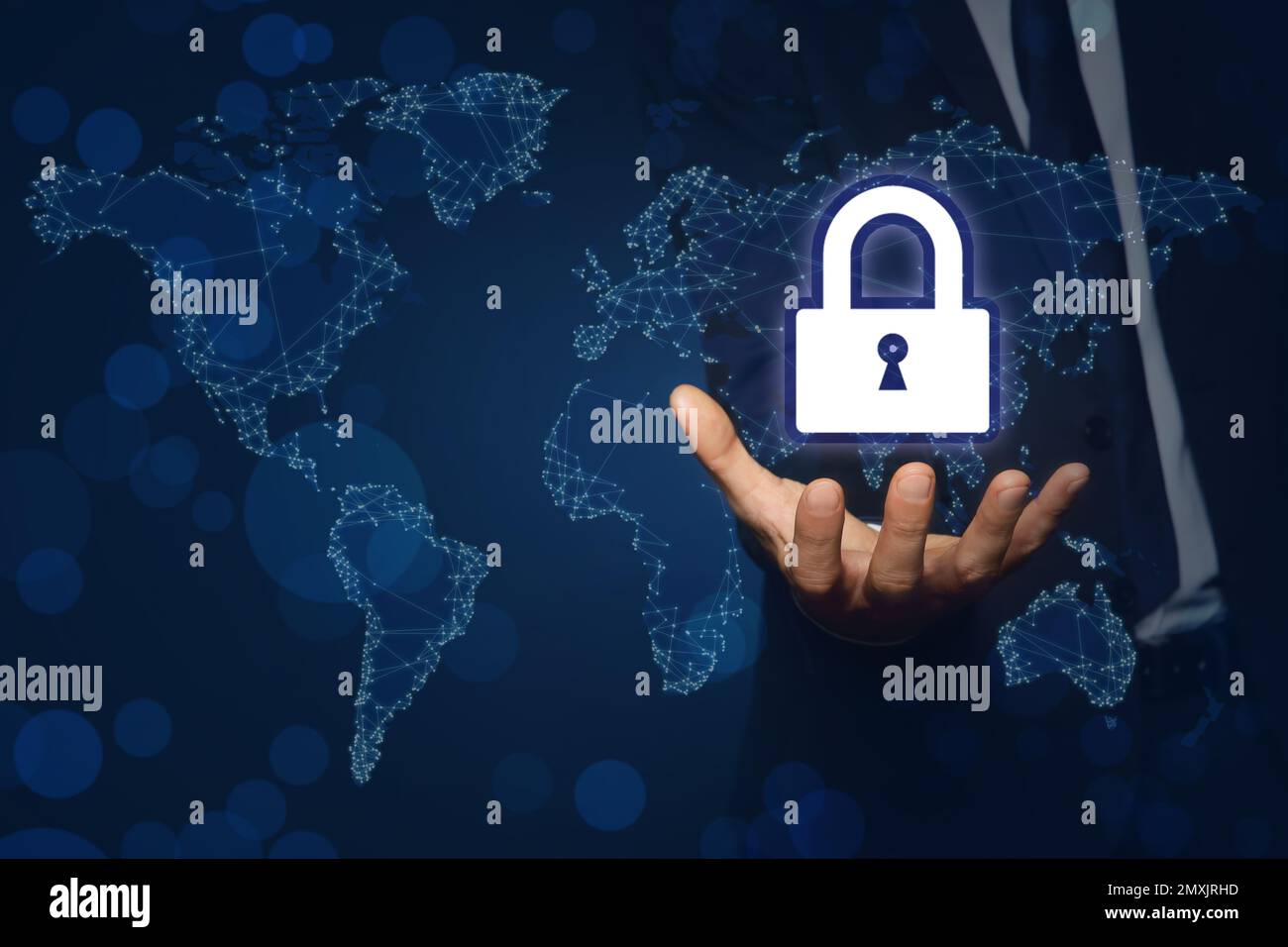 Cyber security concept. Man demonstrating padlock illustration, closeup Stock Photo