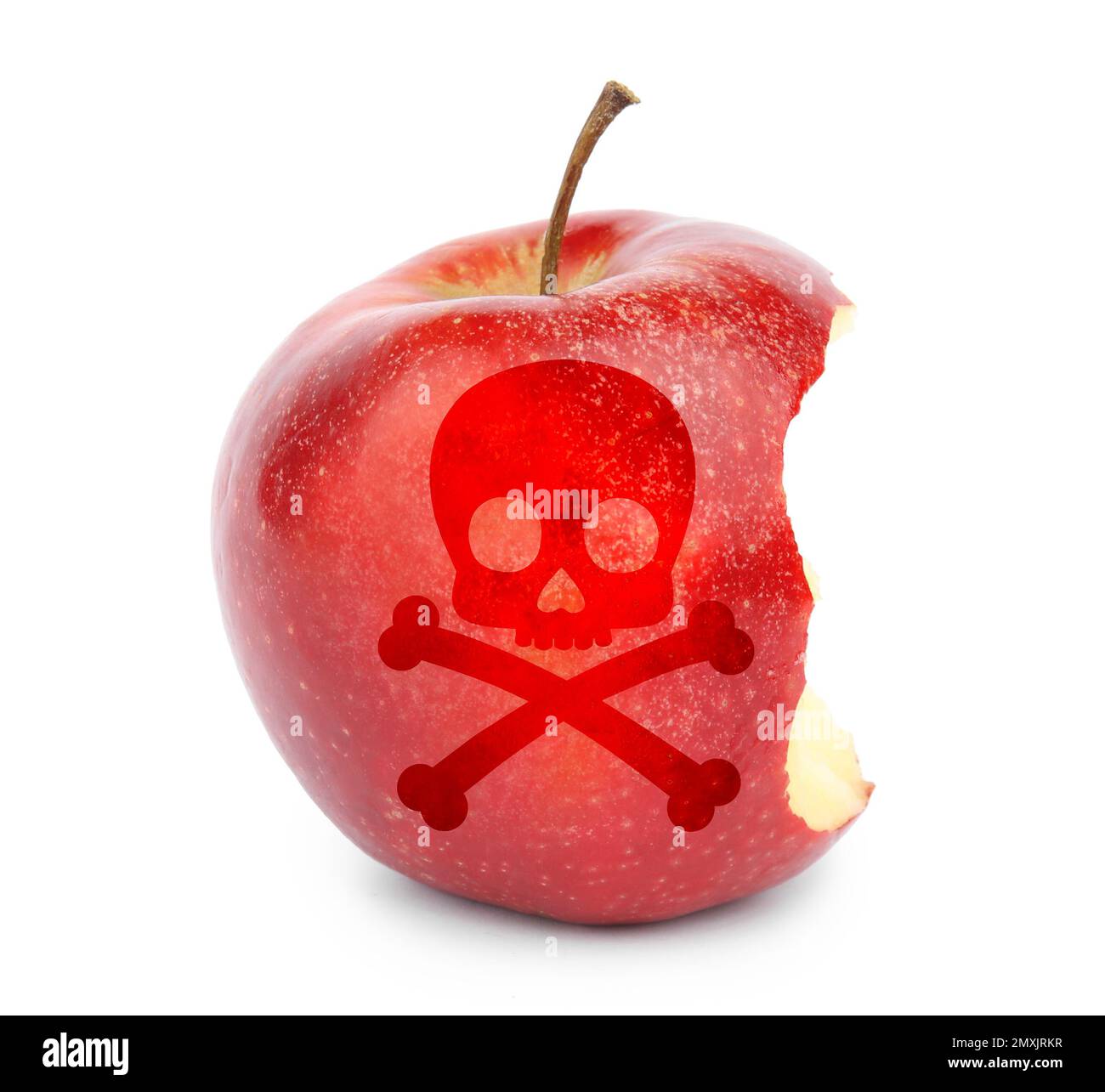 Bitten poison apple with skull and crossbones image on white background Stock Photo