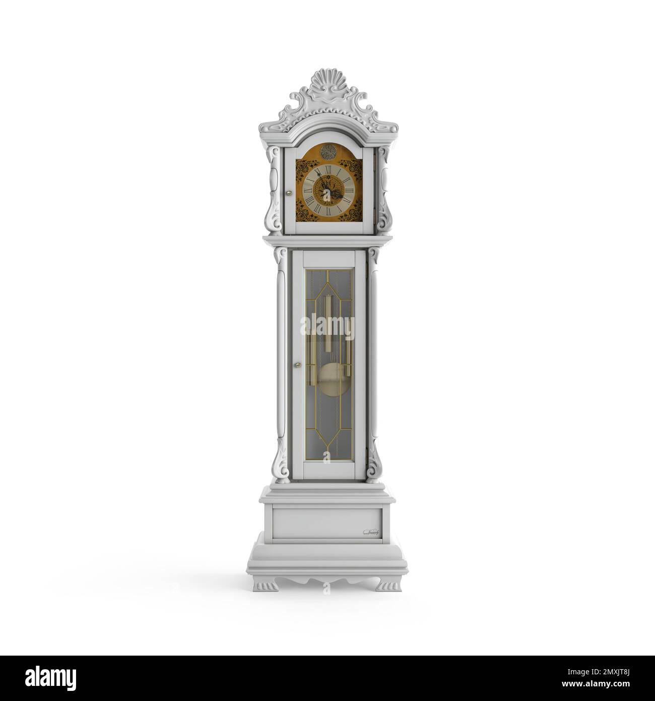 A 3D rendering of a white grandfather clock isolated on a white