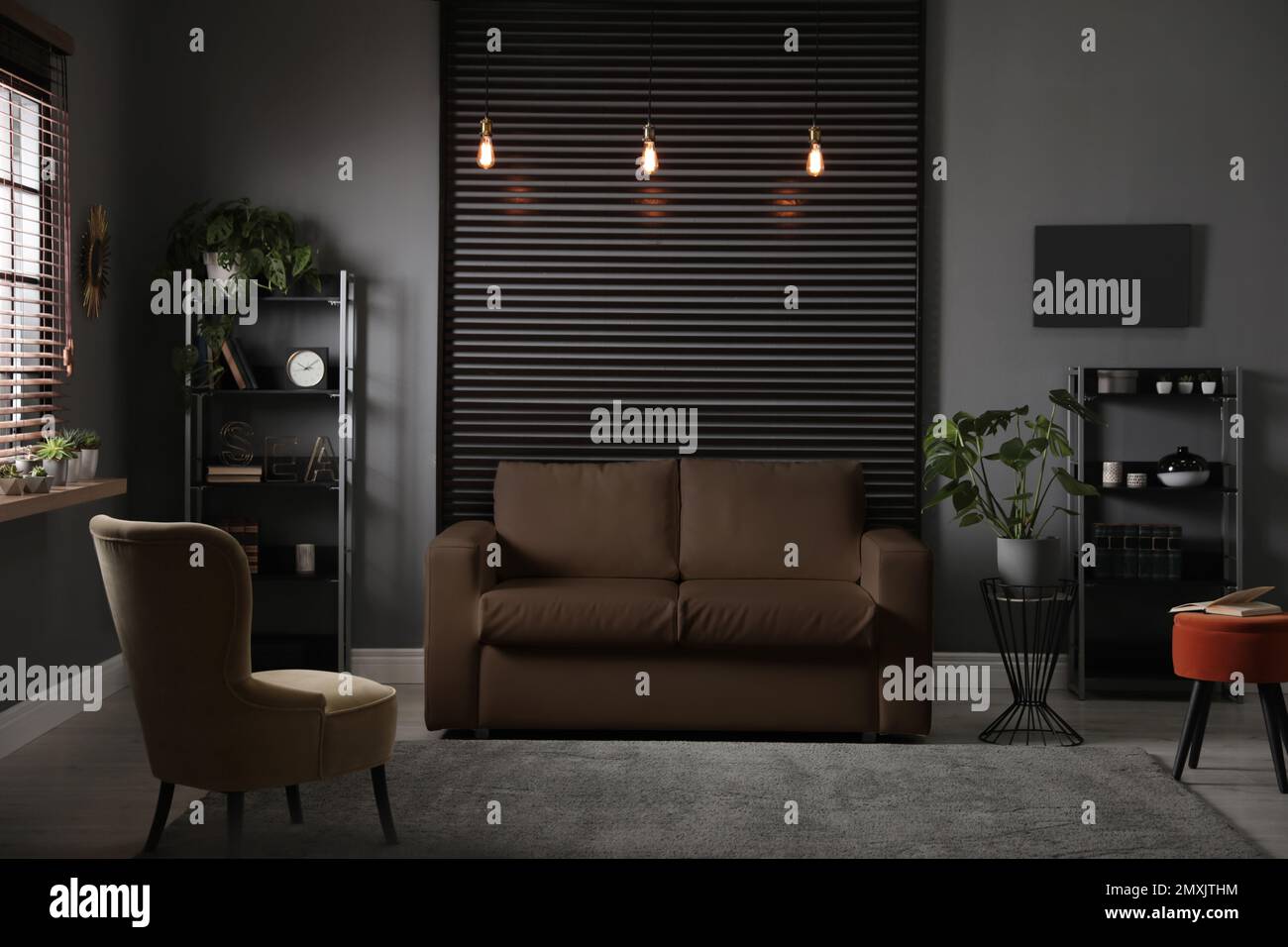 Stylish living room interior with elegant leather sofa Stock Photo Alamy