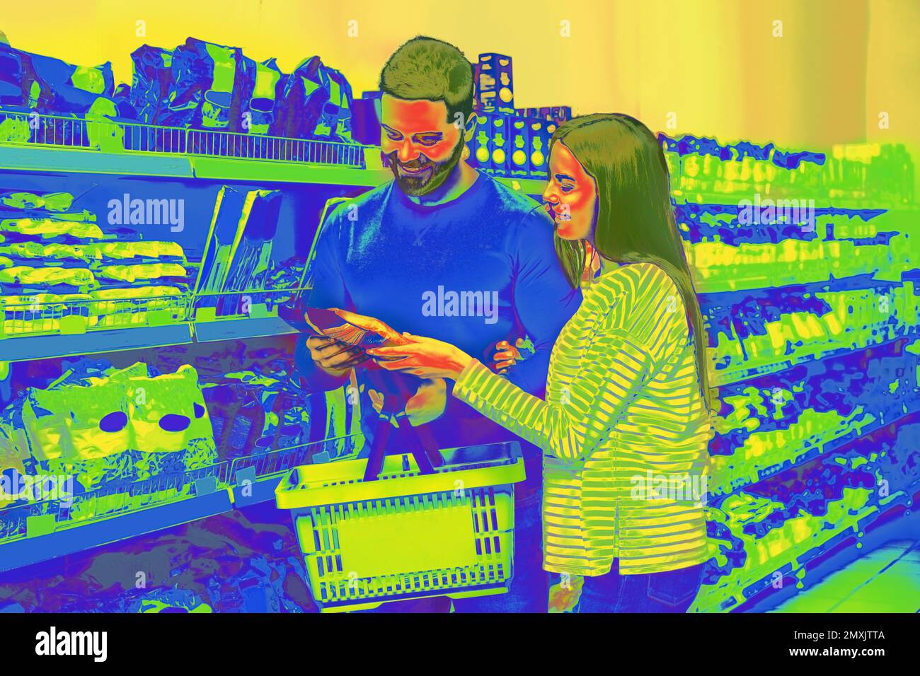 Young couple in supermarket, view through thermal camera. Temperature detection - Covid spreading prevention measure Stock Photo