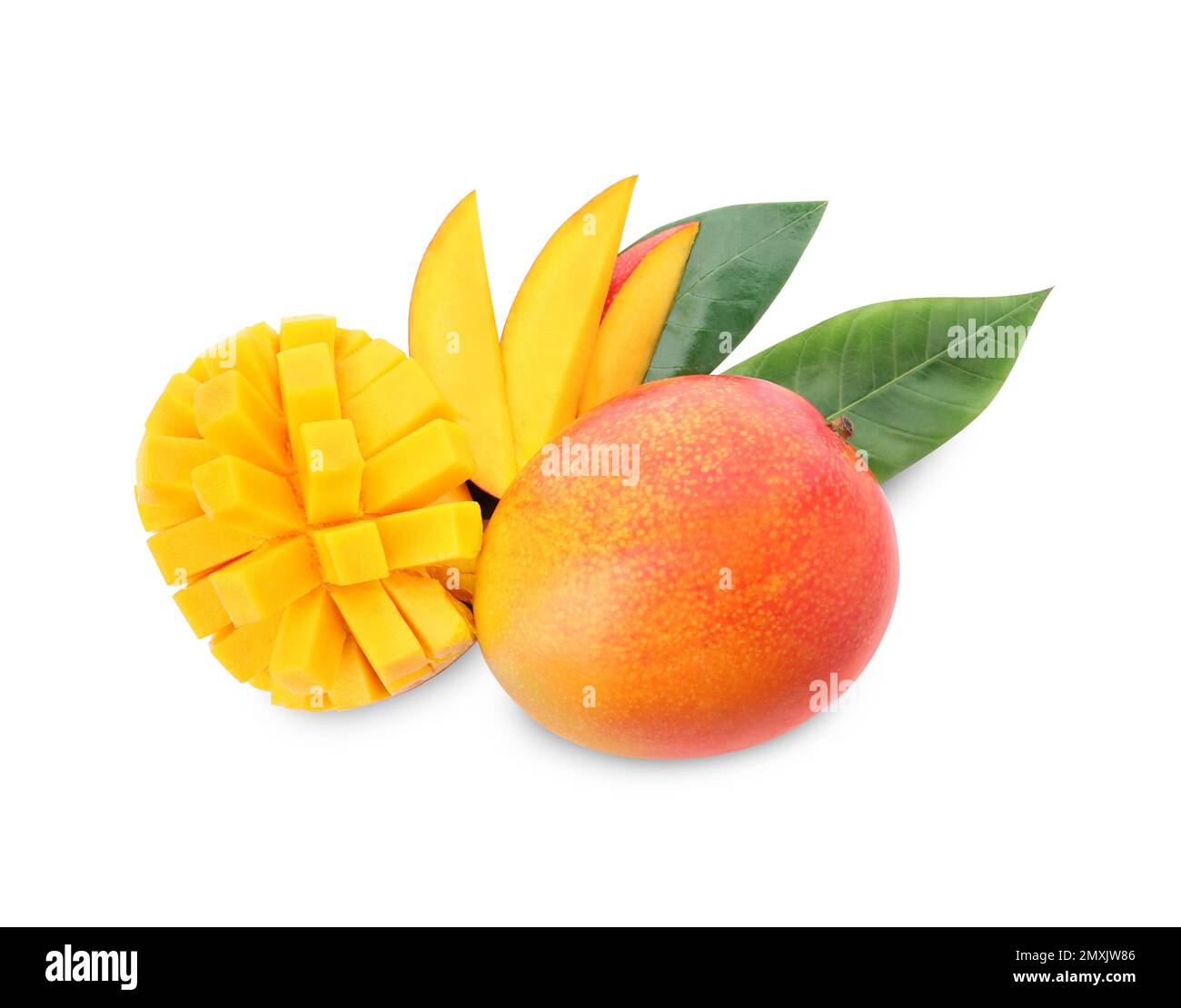 Whole and cut ripe mangoes isolated on white, top view. Exotic fruit ...