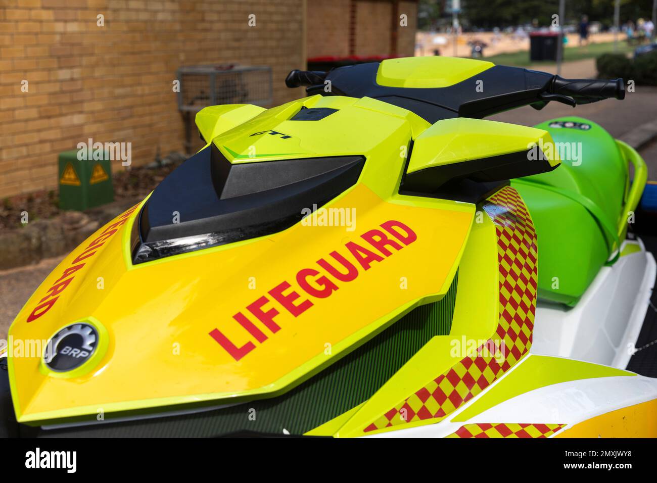 Australian lifeguard surf rescue jet ski watercraft parked at Palm Beach in Sydney,Australia closeup image Stock Photo