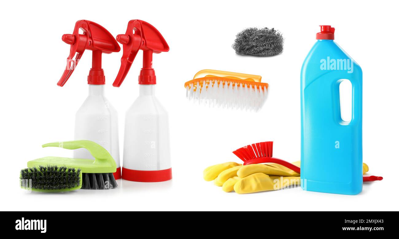 Set with different cleaning supplies on white background, banner design