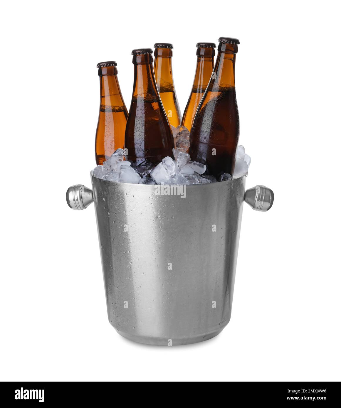 Metal bucket with beer and ice cubes isolated on white Stock Photo Alamy